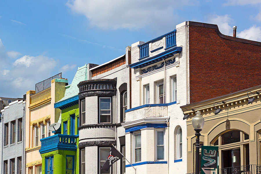 Row houses with flat roofs in Adams Morgan neighborhood of Washington, DC